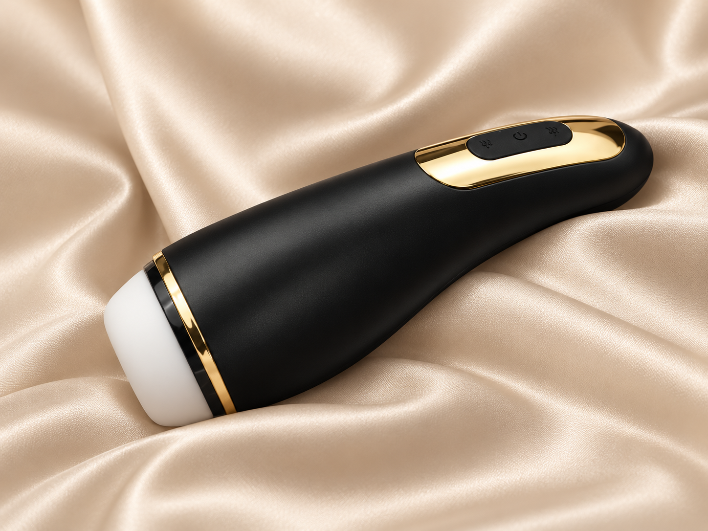 A sleek black handheld personal massager with gold trim and a white head, resting on draped champagne satin fabric.