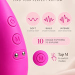 A close-up of a bright pink personal massager with three control buttons on the left side, set against a soft beige background with promotional text reading '10 Vibration Modes' and feature callouts.