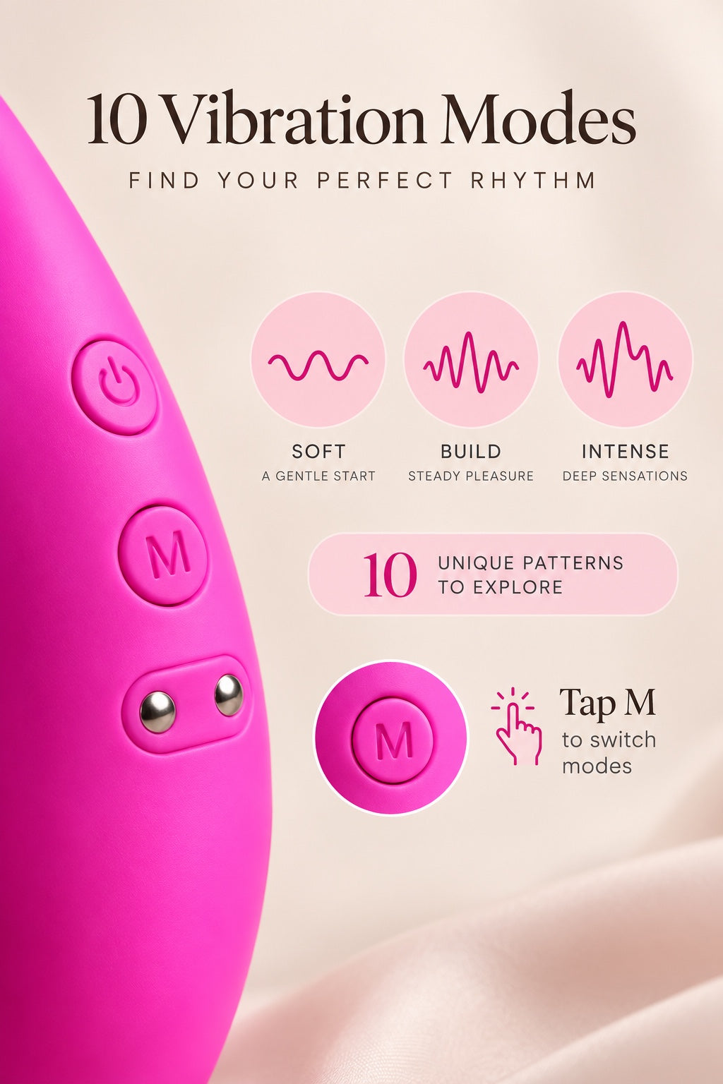 A close-up of a bright pink personal massager with three control buttons on the left side, set against a soft beige background with promotional text reading '10 Vibration Modes' and feature callouts.