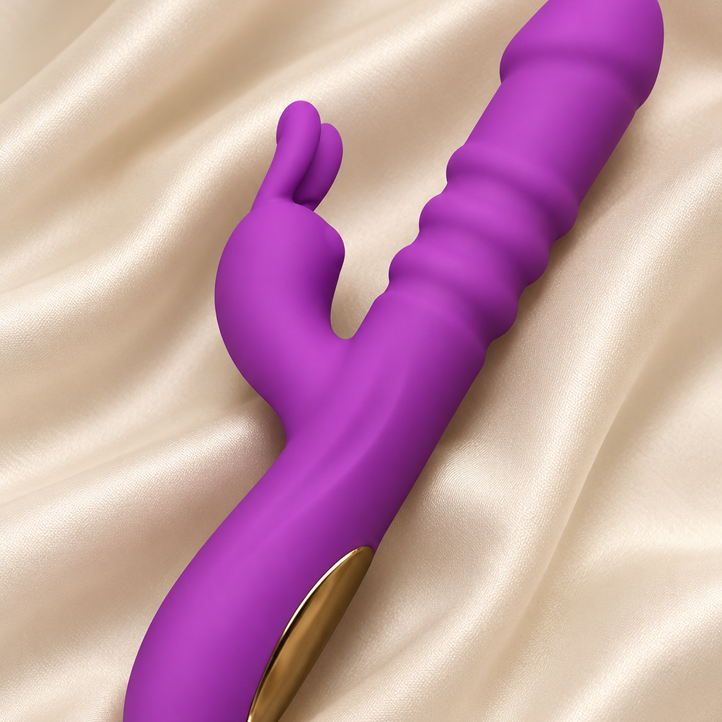 A purple dual-stimulation personal massager with a gold accent button, resting on a draped beige satin fabric background.