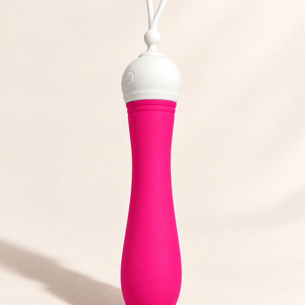 A pink and white personal massager with a curved silicone body and a white loop handle, standing upright on a light beige background.