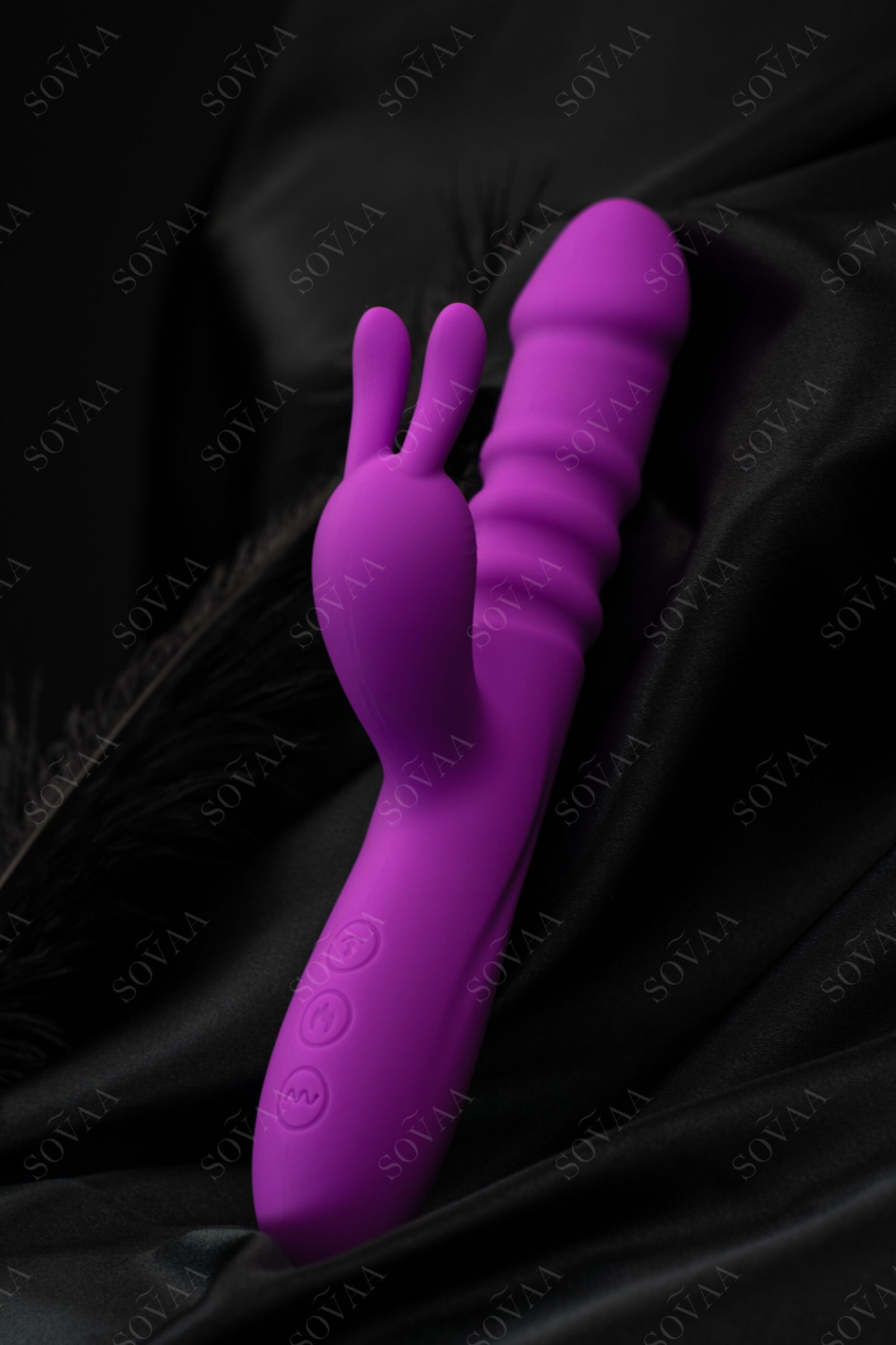 Dual stimulation vibrator with internal thrusting and external rabbit ears