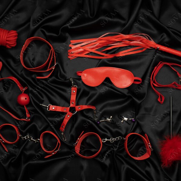 Scarlet Play Kit – red beginner bondage set with cuffs, blindfold, rope, gag, and playful BDSM accessories